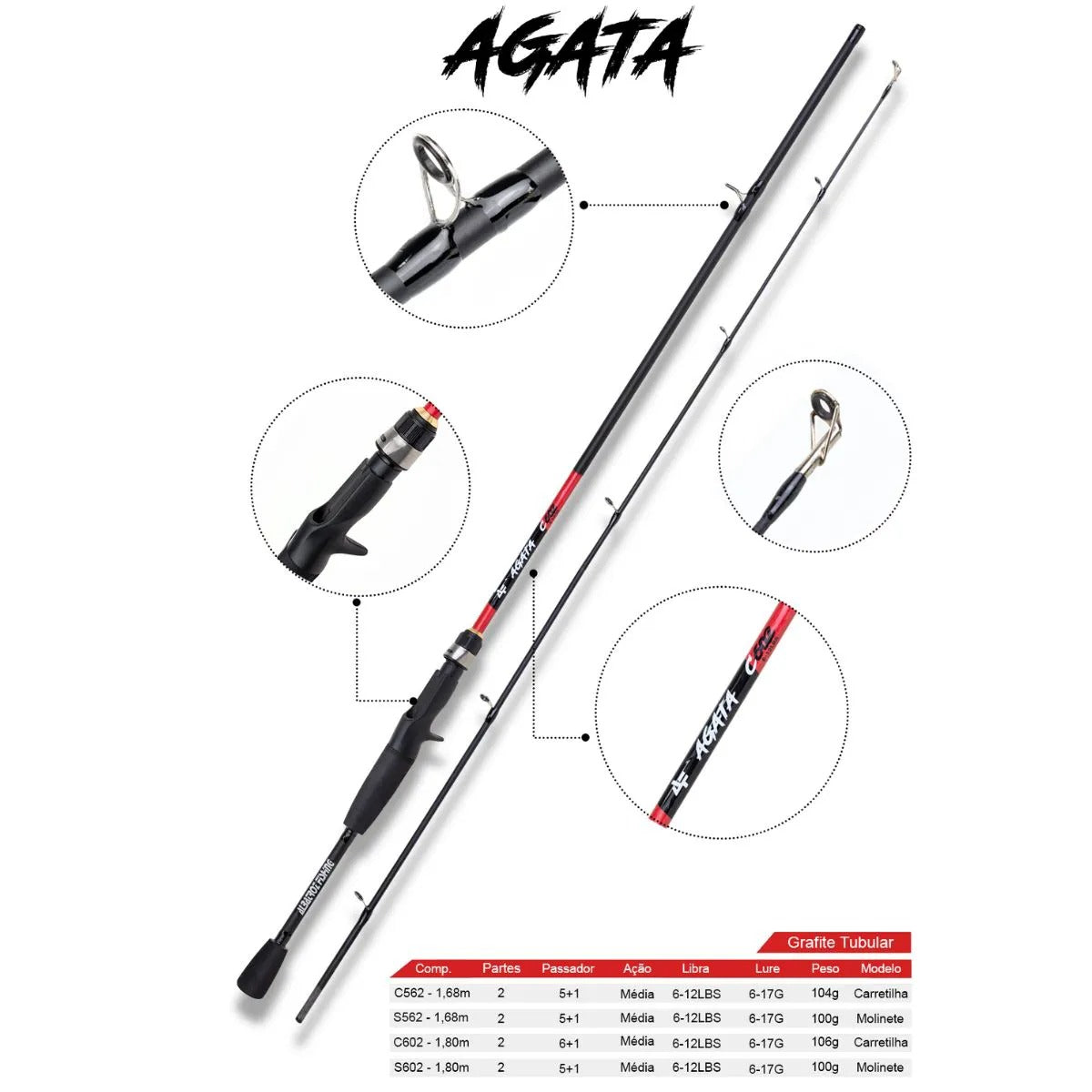 Vara de Pesca para Molinete Albatroz Ágata Carbono 1,68m 6-12lb 2 Partes