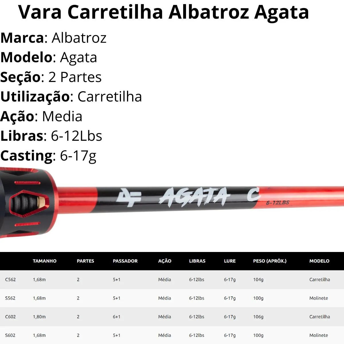 Vara de Pesca para Molinete Albatroz Ágata Carbono 1,68m 6-12lb 2 Partes