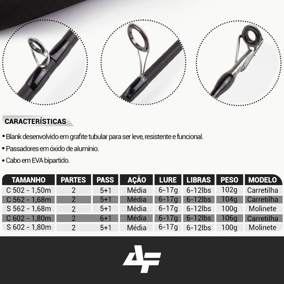 Vara de Pesca para Molinete Albatroz Ágata Carbono 1,68m 6-12lb 2 Partes