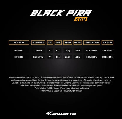 Carretilha Maruri Black Pira 400 - Drag 18kg Direita - Preto - Direito